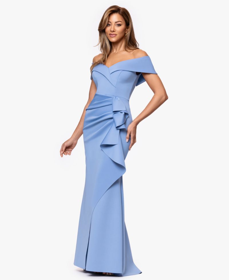 Petite Scuba Off-The-Shoulder Gown