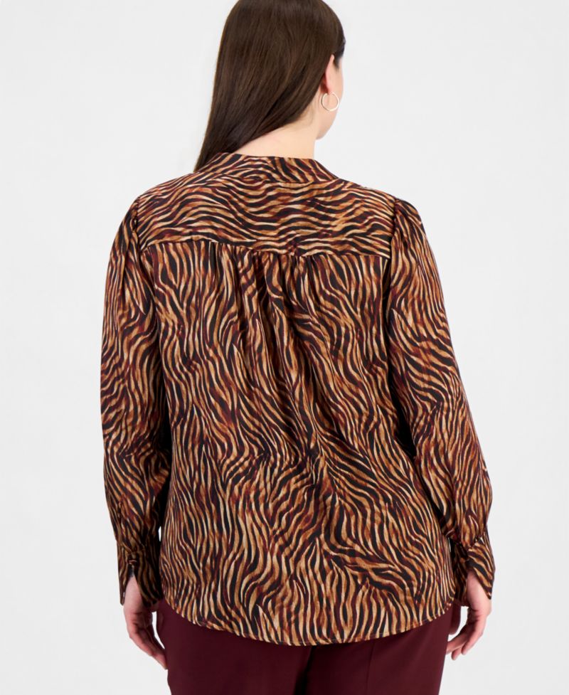 Plus Size Long-Sleeve V-Neck Pleat-Front Blouse