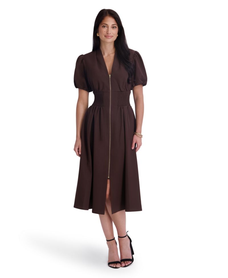 Women's Puff-Sleeve Smocked-Waist A-Line Midi Dress
