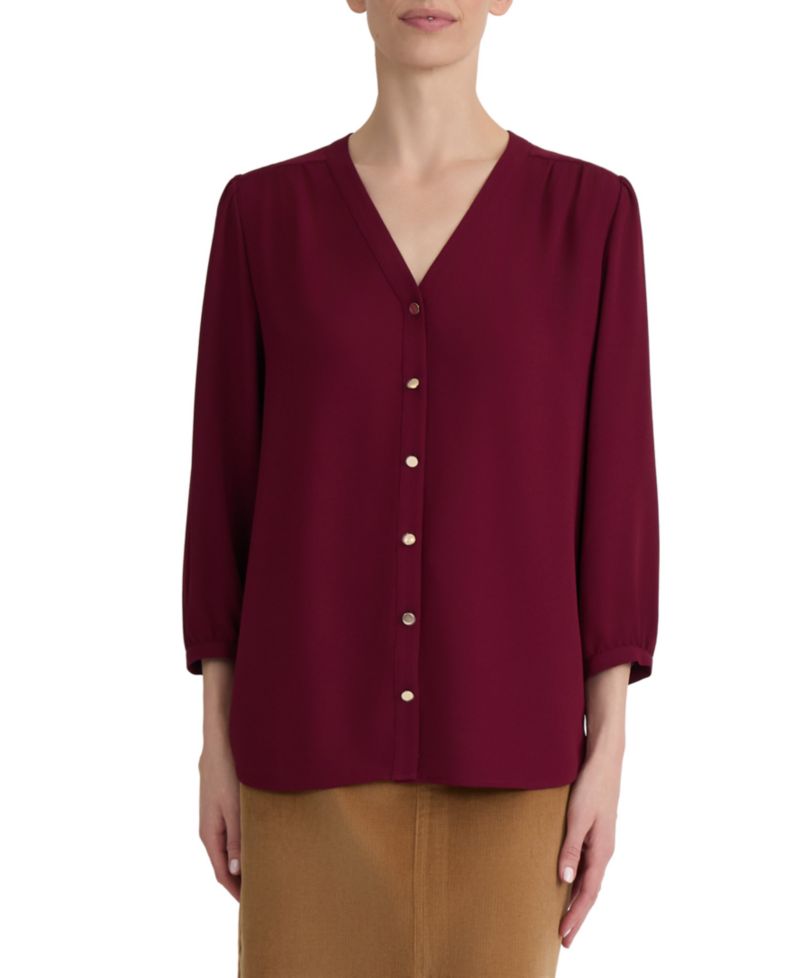Women's 3/4-Sleeve V-Neck Button-Up Blouse
