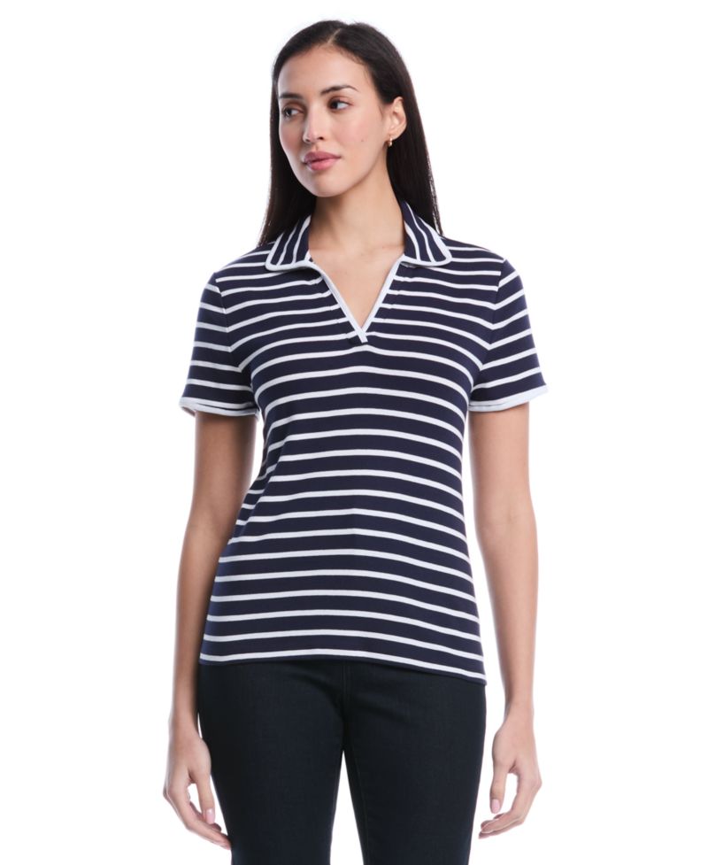 Petite Striped Contrast Trim Johnny Collar Short-Sleeve Polo Shirt