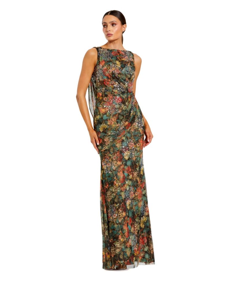Women's Sequin Floral Ruched Draped-Back Gown