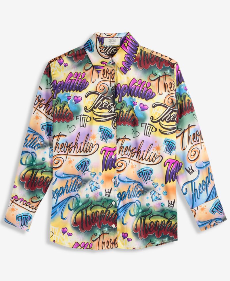 Women's Oversized Graffiti Print Button-Up Shirt