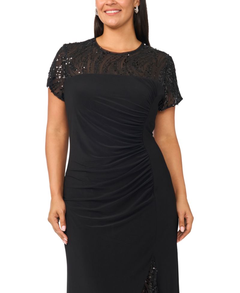 Plus Size Beaded Mesh Side Ruched Short-Sleeve Gown