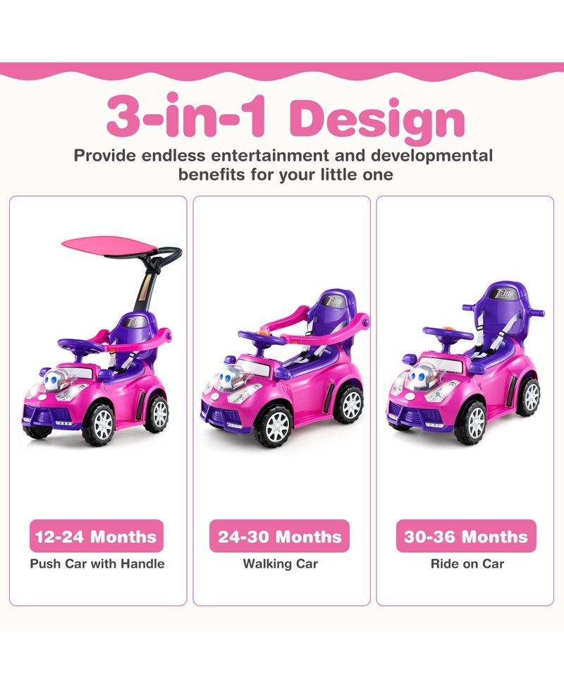 3-in-1 Sliding Walker w/ Adjustable Canopy Horn Music & Light for Boys & Girls