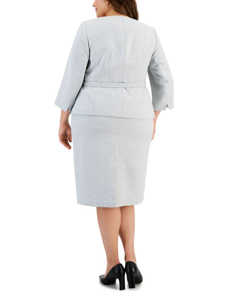 Plus Size Metallic Tweed Belted Jacket & Pencil 2 Piece Skirt Suit