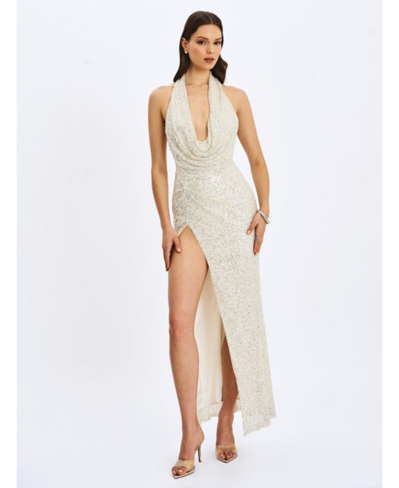 Women's Niamh Golden Beaded Cowl Halter Backless Maxi Dress