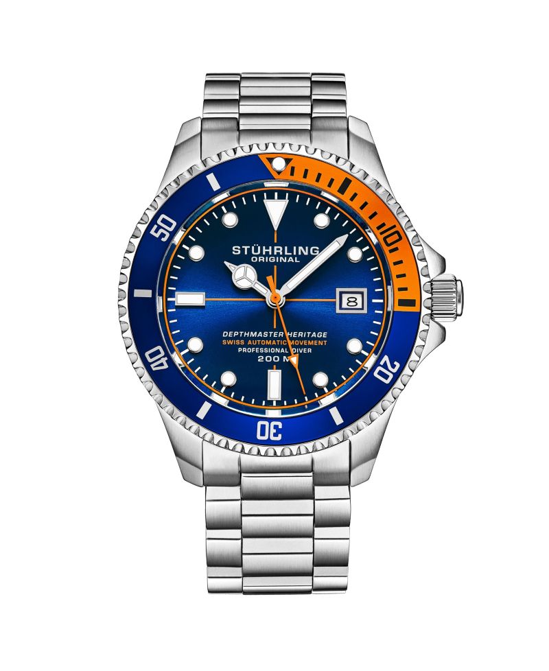 Men s Depthmaster Heritage 42mm Swiss Automatic Diver Watch, Black Dial, Orange Bezel, Stainless Steel Bracelet, 200M WR