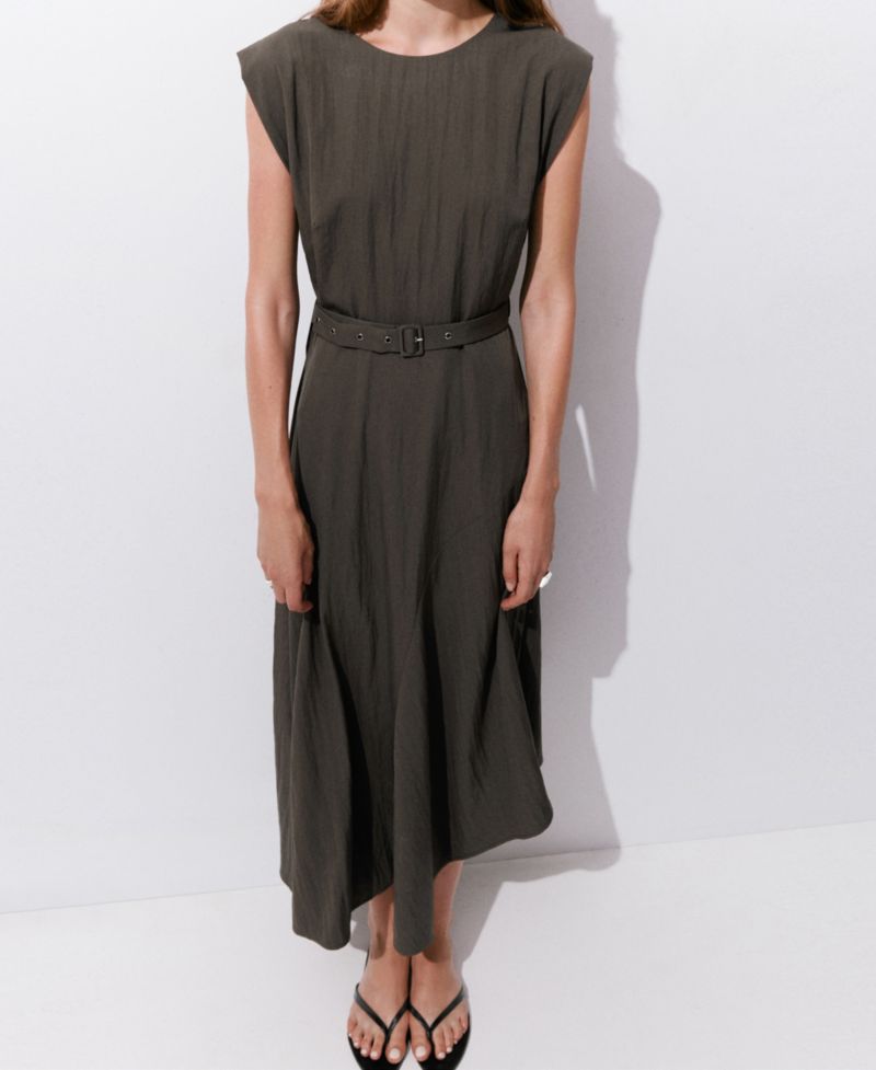 Women's Belted Asymmetric Crewneck Midi Dress