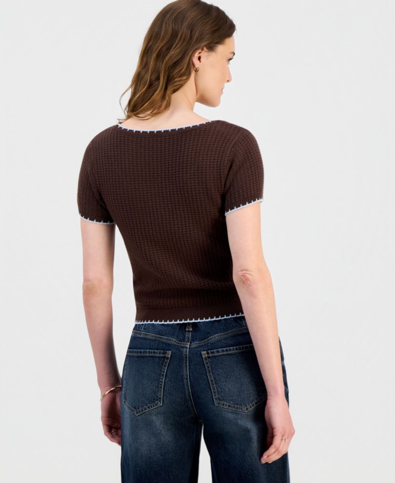 Juniors' Waffle-Knit Short-Sleeve Sweater