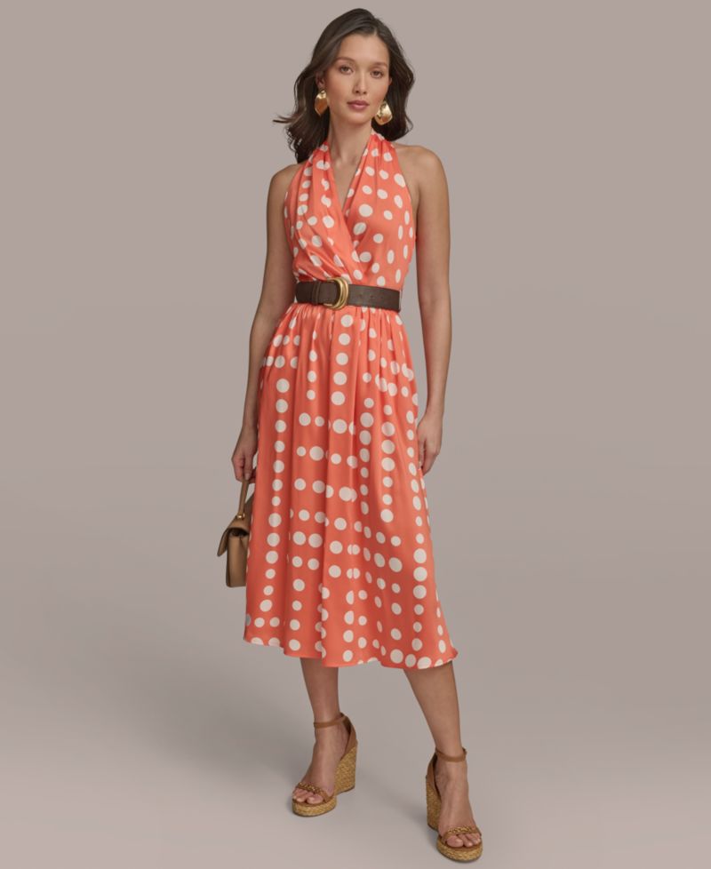 Women's Polka-dot Belted A-line Midi Dress