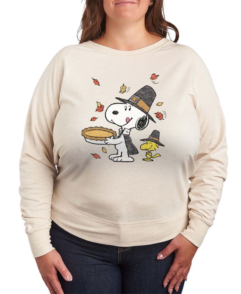 Plus Size Thanksgiving Pie Snoopy and Woodstock French Terry Long Sleeve T-Shirt