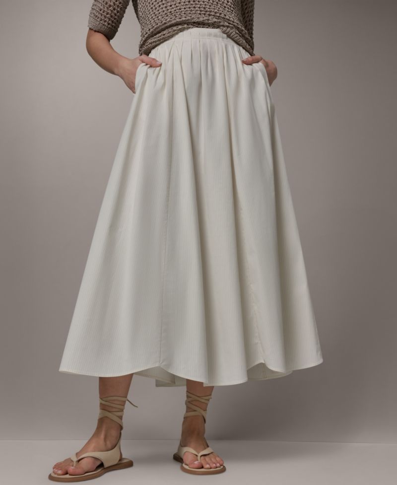 Women's Stretch Poplin Stripe Pleated Skirt with Scalloped Hem