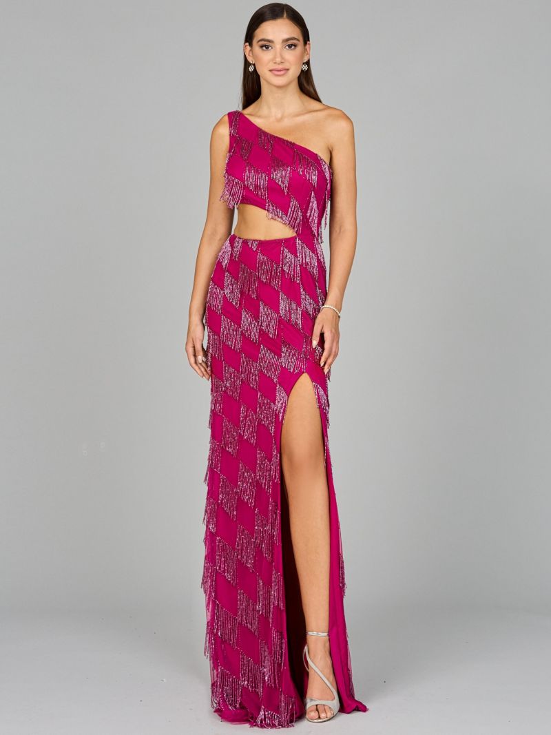 Women's One Shoulder Fringe Gown