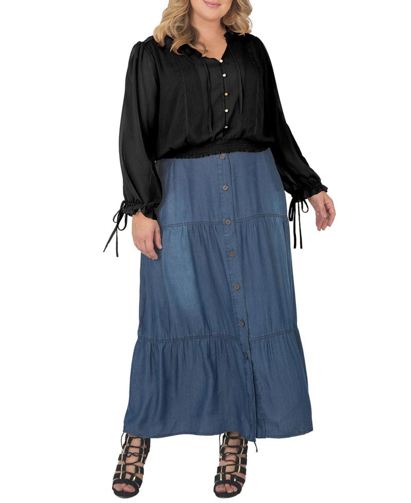 Plus Size Long Bishop Tie Sleeve Chiffon Blouse