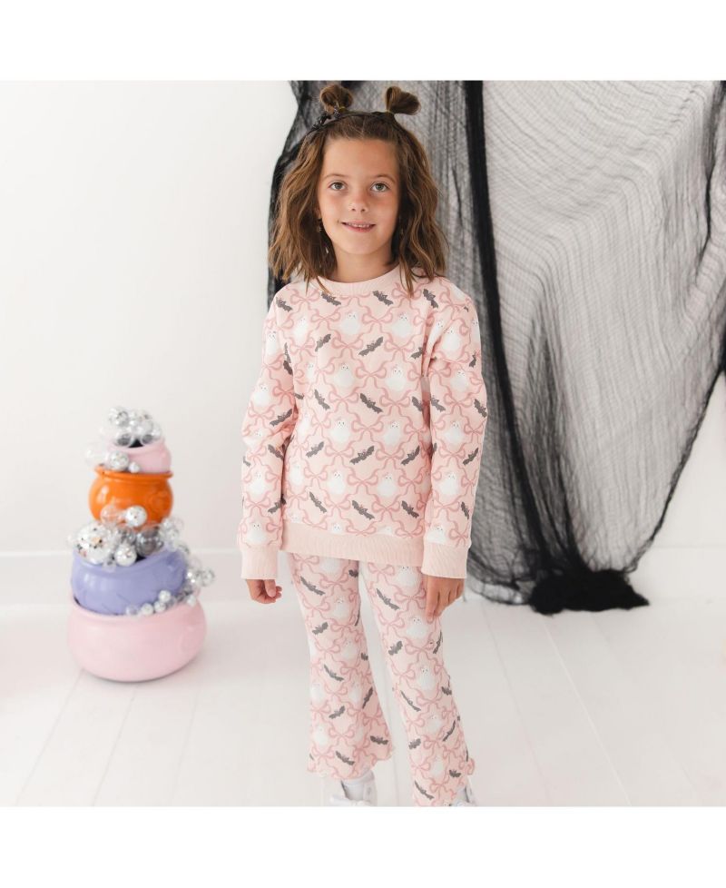 Little Girls ( 5 to 8 ) Bat And Ghost Trellis Halloween Sweatshirt