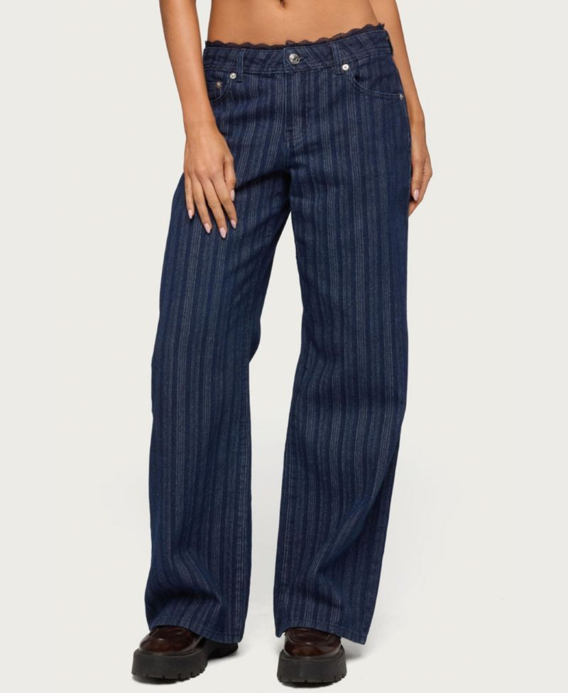 Women's Lace Trim Striped Low Rise Baggy Jeans