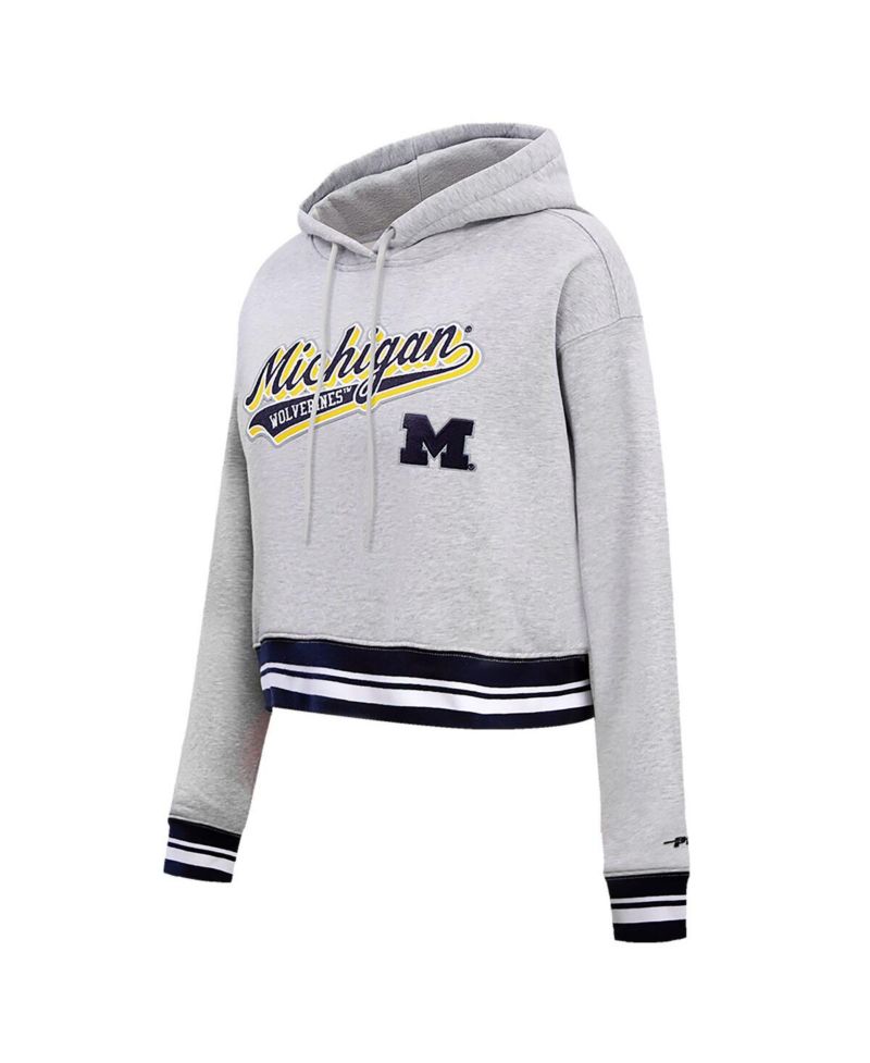Women's Heather Gray Michigan Wolverines Script Tail Fleece Cropped Pullover Hoodie