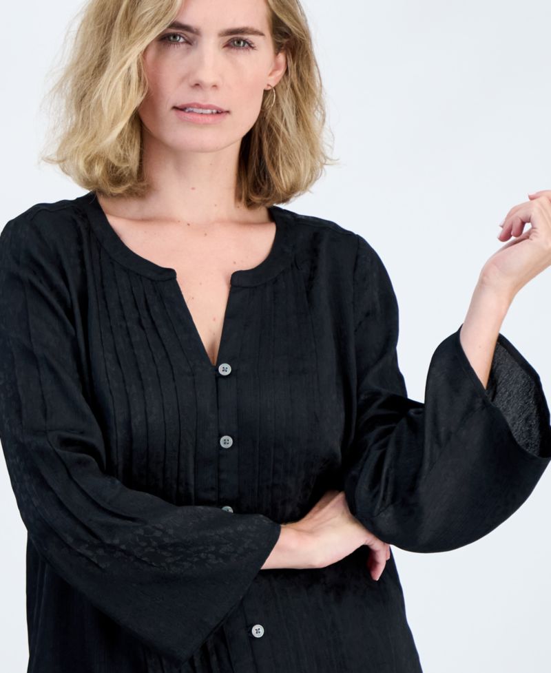 Petite Satin Bell-Sleeve Pintuck Blouse