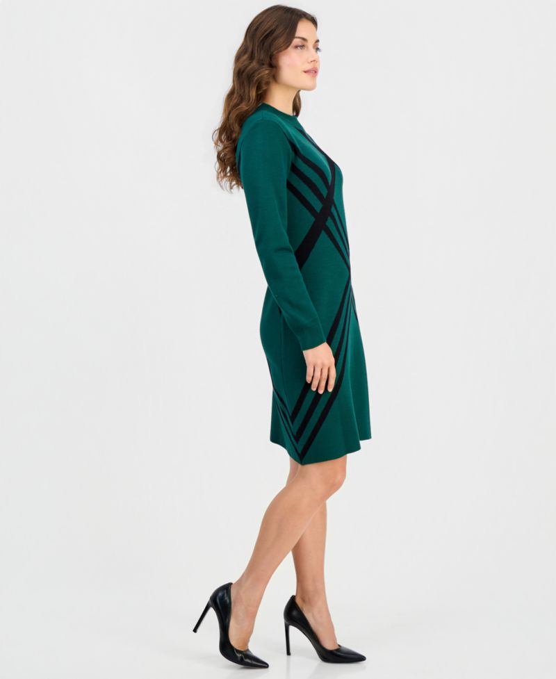 Petite Geometric Mock Neck Long-Sleeve Sweater Dress