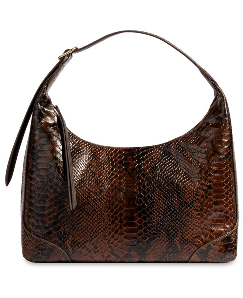 Elaina Embossed-Snake-Texture Zip-Top Medium Hobo Handbag