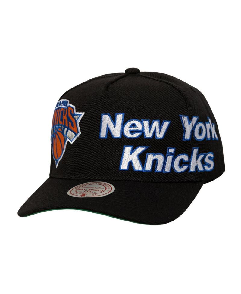 Mitchell Ness Men's Black New York Knicks Busted Logo Wordmark Wrap-Around Pro Pinch Adjustable Hat