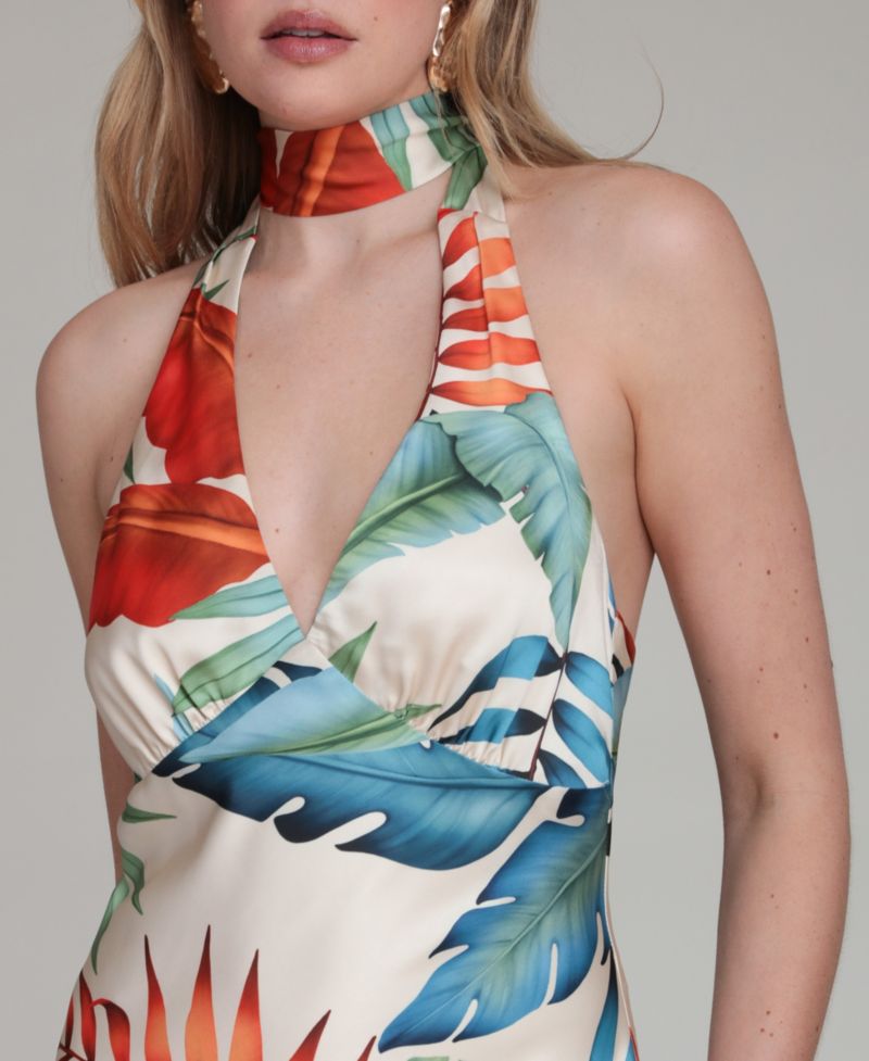 Women's Printed Halter Scarf-Tie Maxi Dress