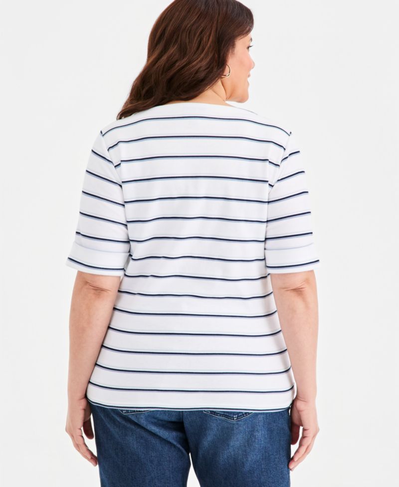 Petite Multi-Stripe Boat-Neck Elbow-Sleeve Top