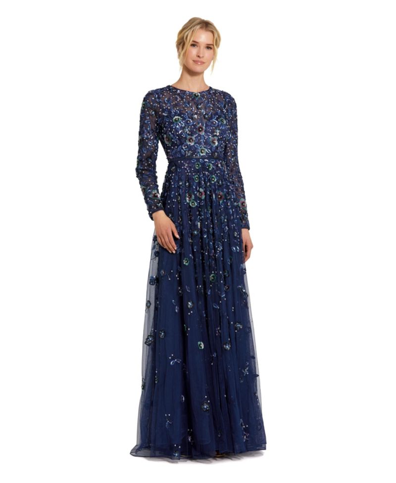 Petite Embellished High Neck Long Sleeve A-Line Gown