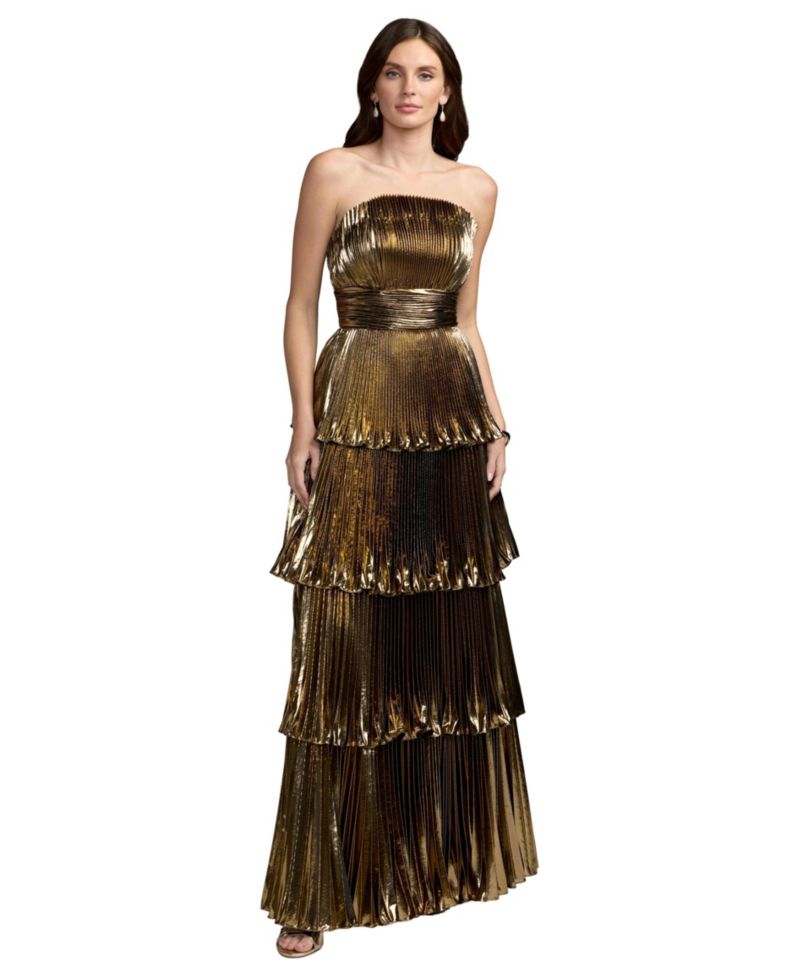 Petite Metallic Pleated Tiered Strapless Gown