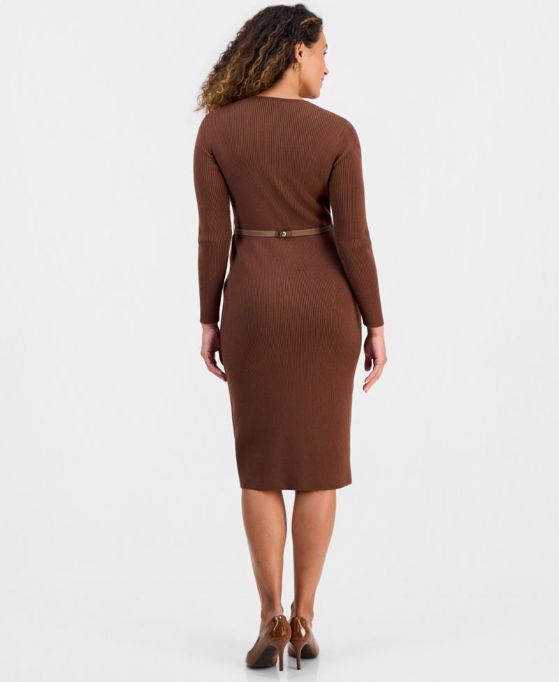 Petite V-Neck Long-Sleeve Midi Sweater Dress