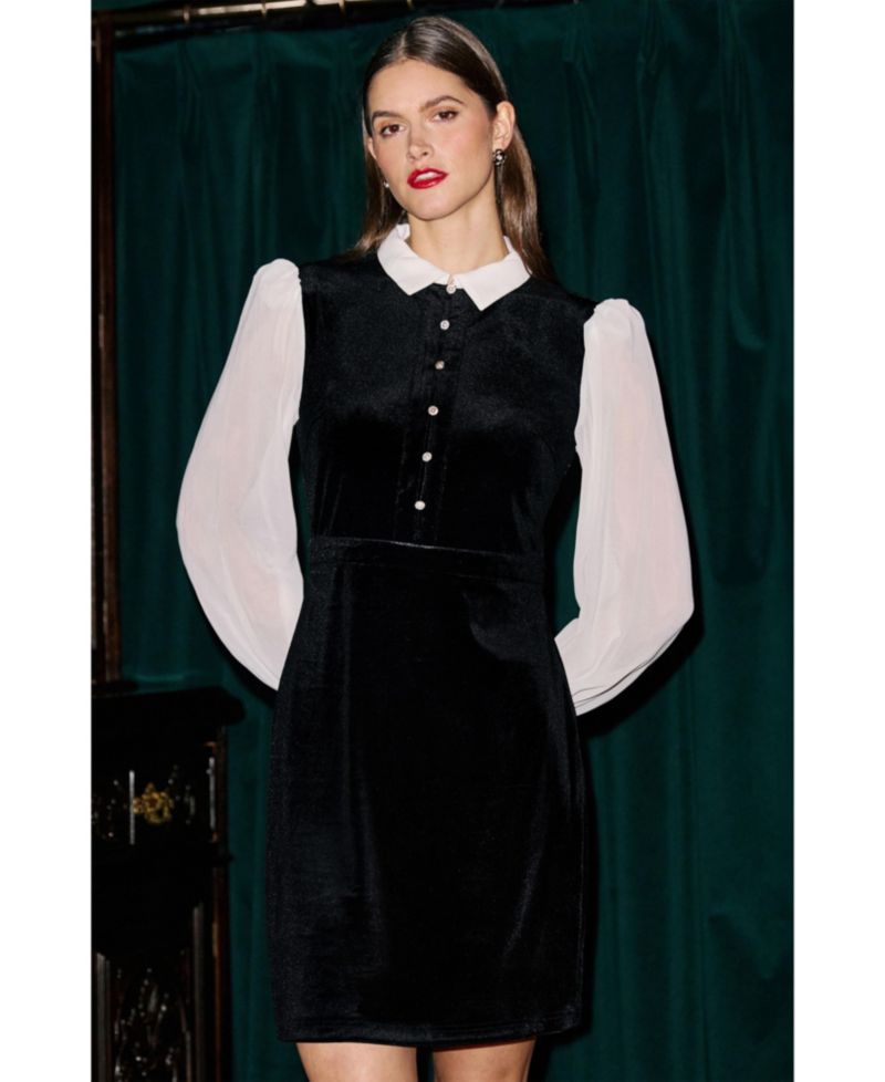 Women's Contrast Long Sleeve Velvet Mini Dress