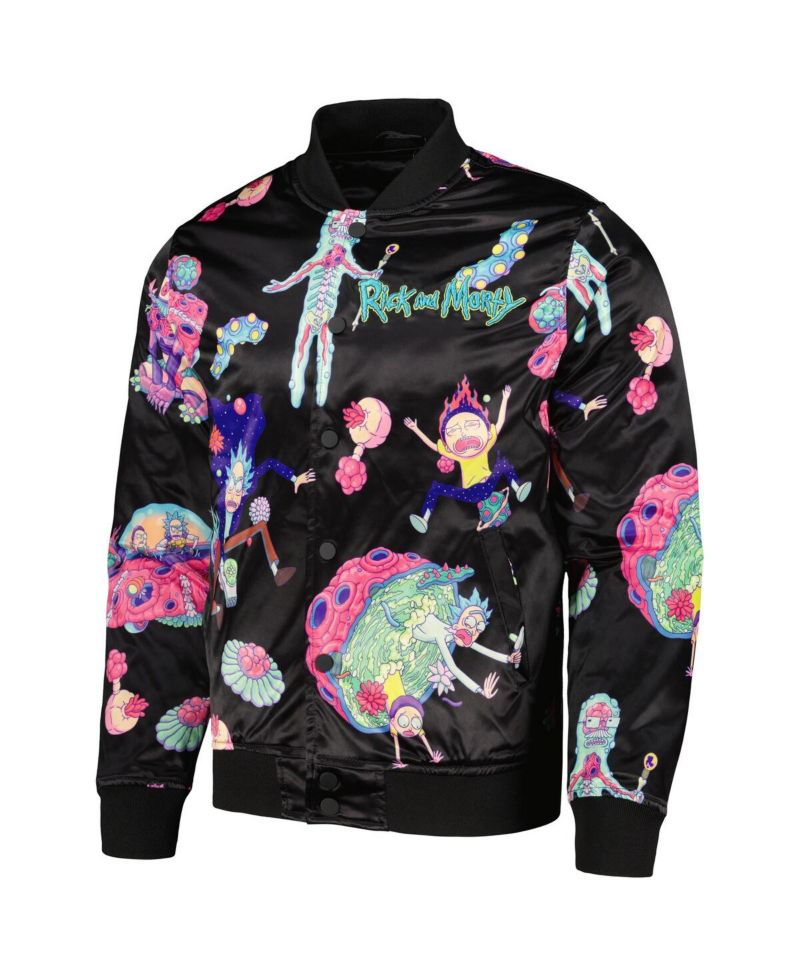 Men's Black Rick And Morty Graphic Satin Full-Snap Jacket