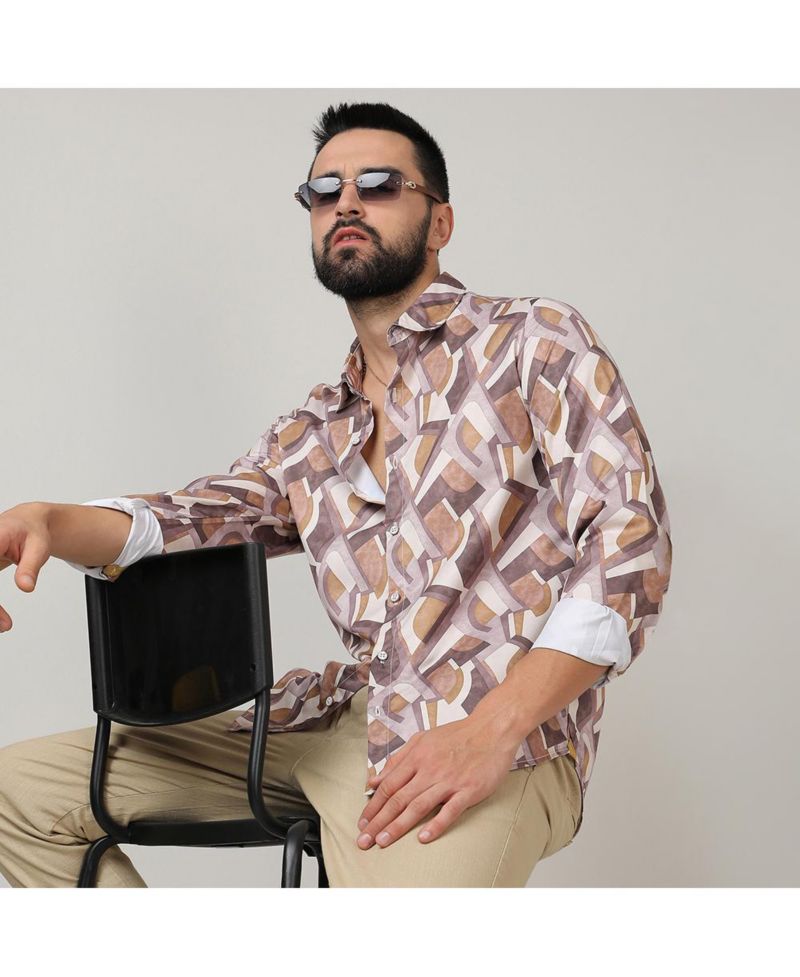 Men's Pale Yellow & Mocha Brown Abstract Block Shirt