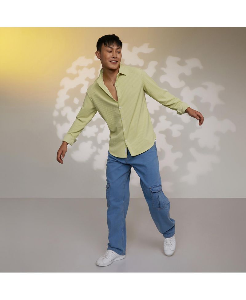 Men's Lime Green Stripe-Creased Shirt