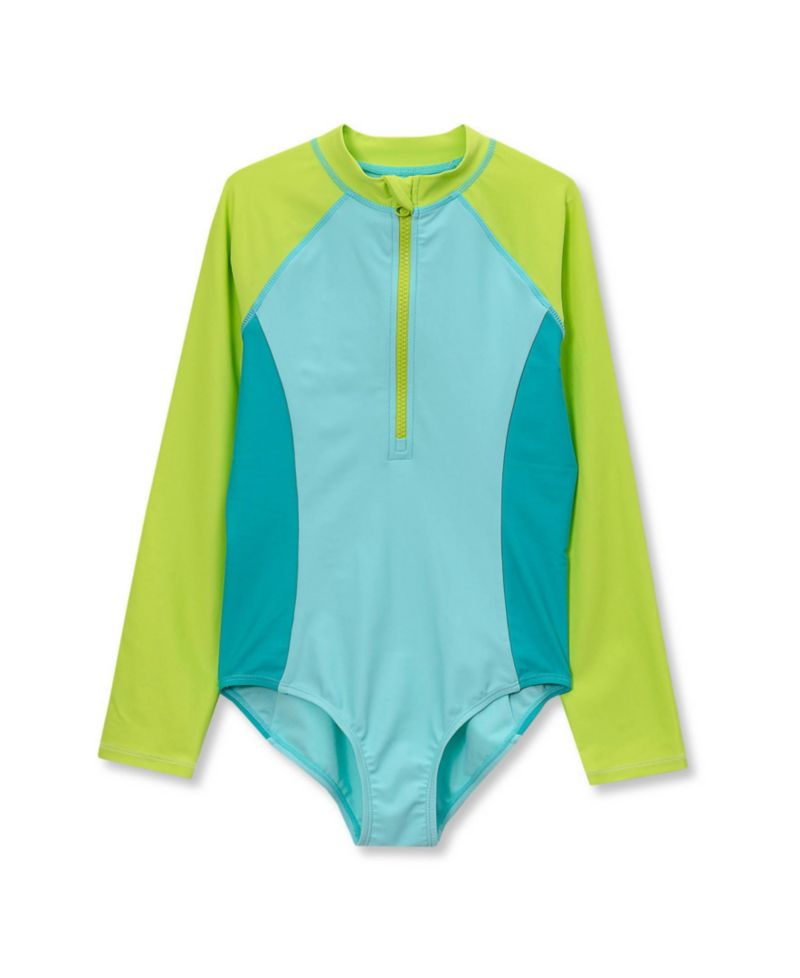 Girls Chlorine Resistant Long Sleeve One Piece Half Zip Swimsuit