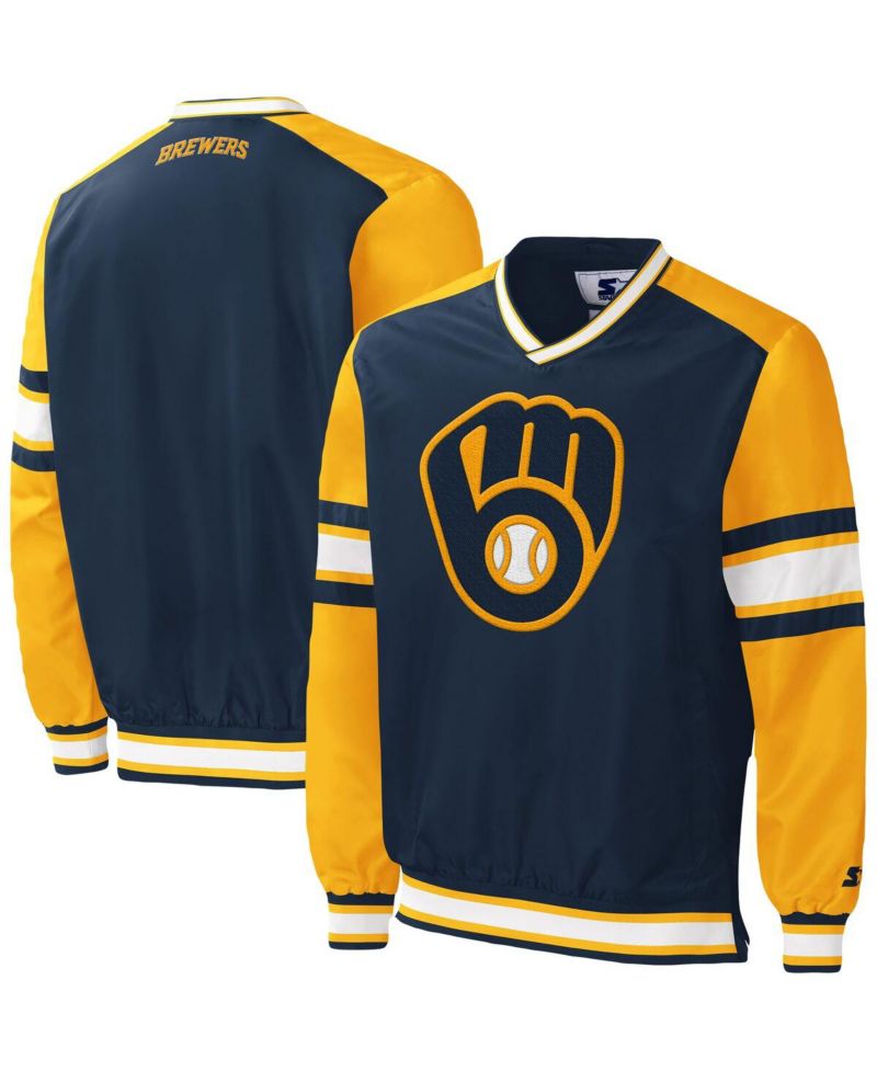 Men's Navy Milwaukee Brewers Yardline V-Neck Pullover Windbreaker