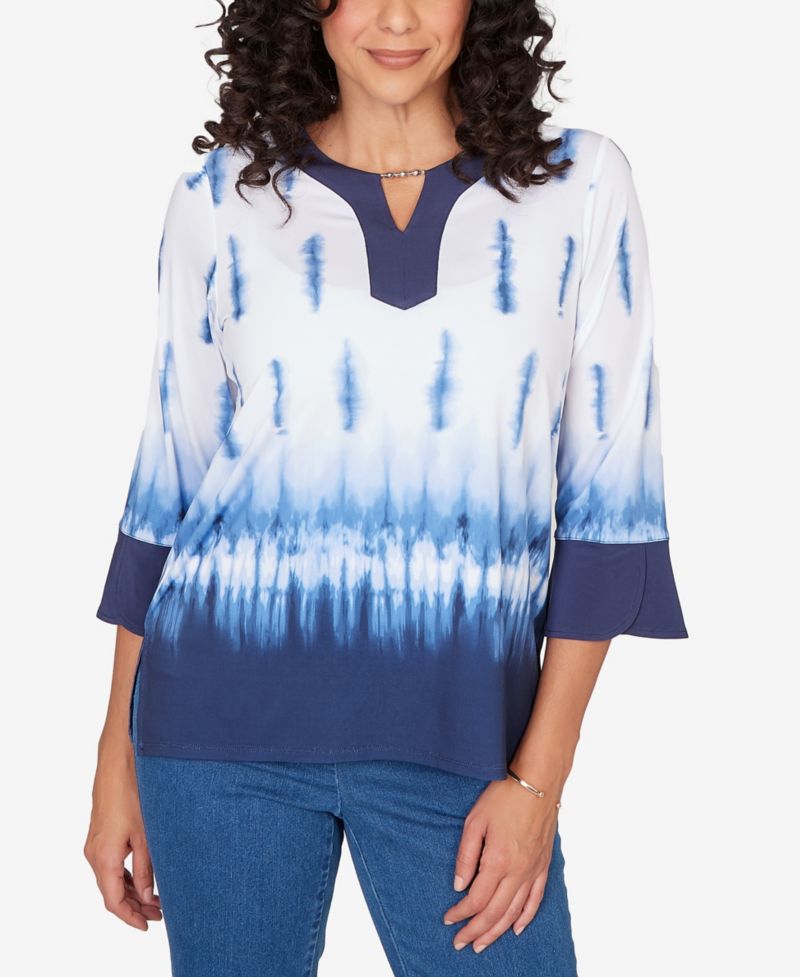 Petite Classic Tie Dye Border Split Neck Top