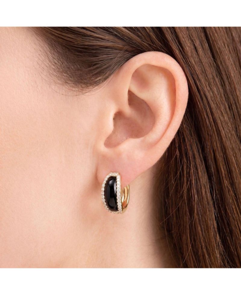 Onyx CZ Oval Hoop Earrings 14K Gold-Plated Sterling Silver