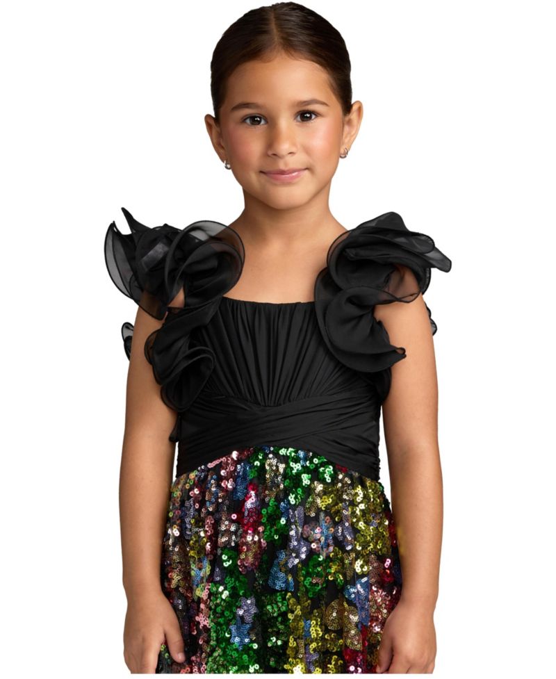 Big Girls Sequin Floral Maxi Dress with Ruffle Sleeves