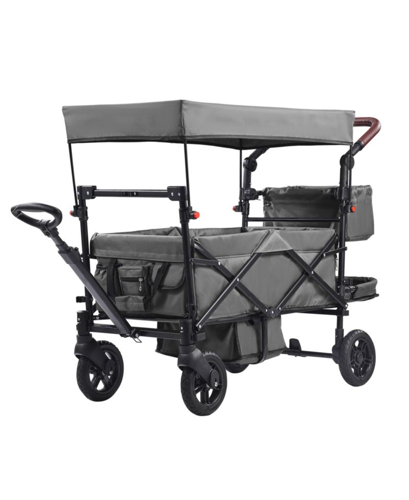 Wagon Stroller for 2 Kids, Push Pull Quad Collapsible Stroller with Adjustable Handle, Encircling Harness and Removable Canopy for Camping