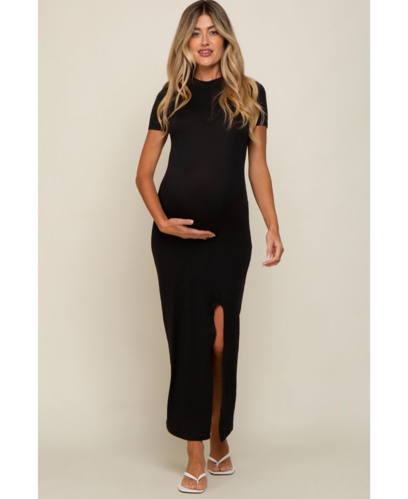 Women's Black Mock Neck Front Slit Short Sleeve Maxi Dress