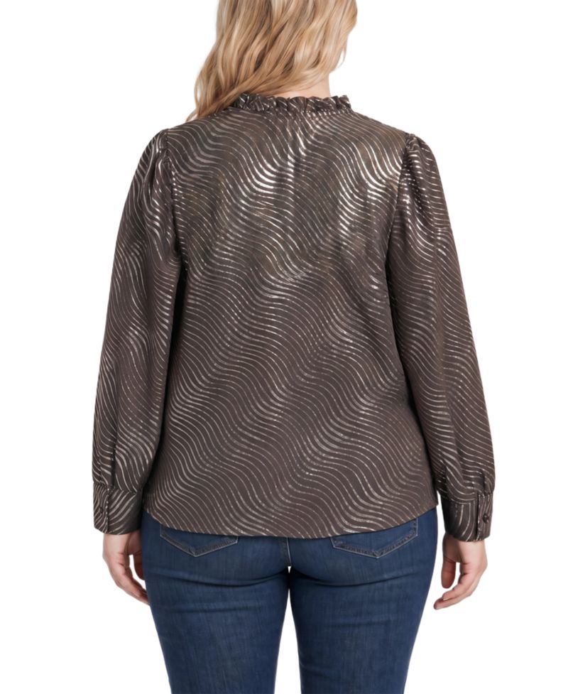 Plus Size Metallic-Print V-Neck Long-Sleeve Blouse