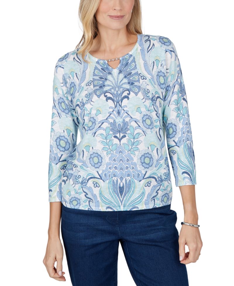 Petite 3/4-Sleeve Floral Pullover Sweater