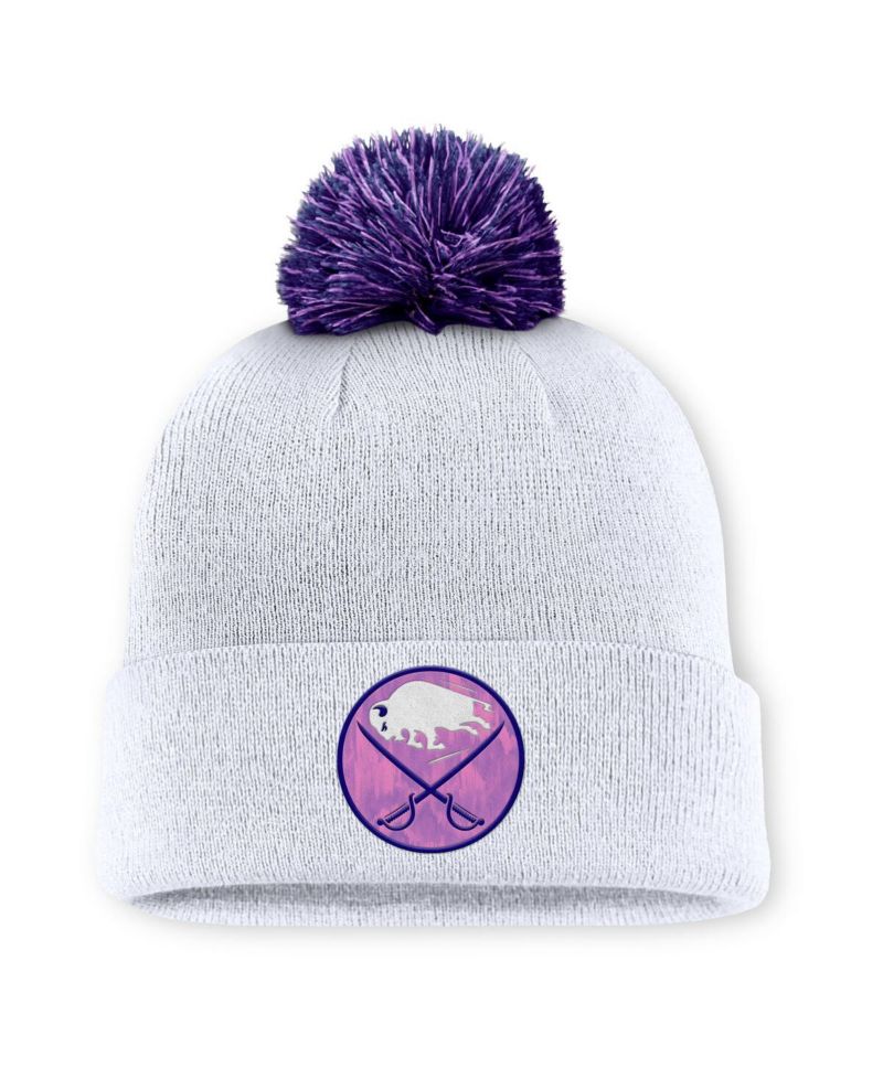 Men's White Buffalo Sabres Authentic Pro Hockey Fights Cancer Cuffed Knit Hat with Pom