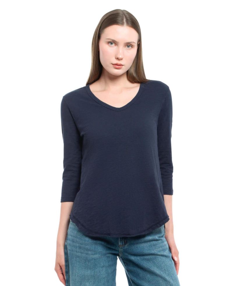 Women's Clothing 3/4 Sleeve V-Neck Shirttail Tee