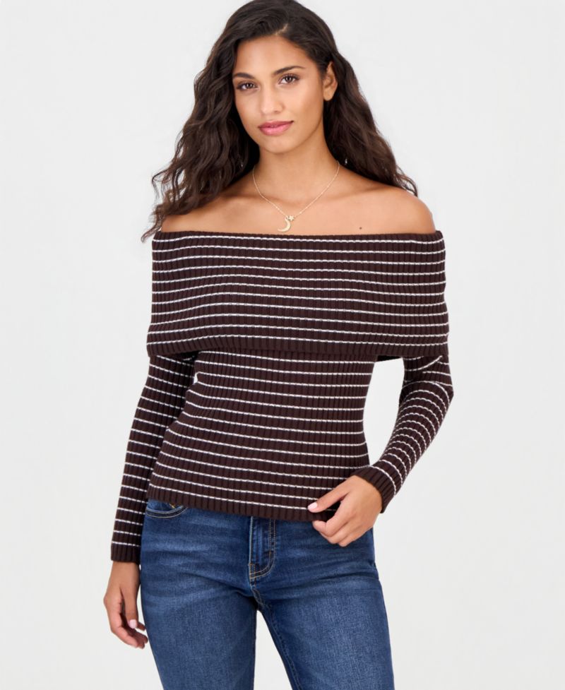 Juniors' Marilyn Off-the-Shoulder Ribbed Long-Sleeve Sweater
