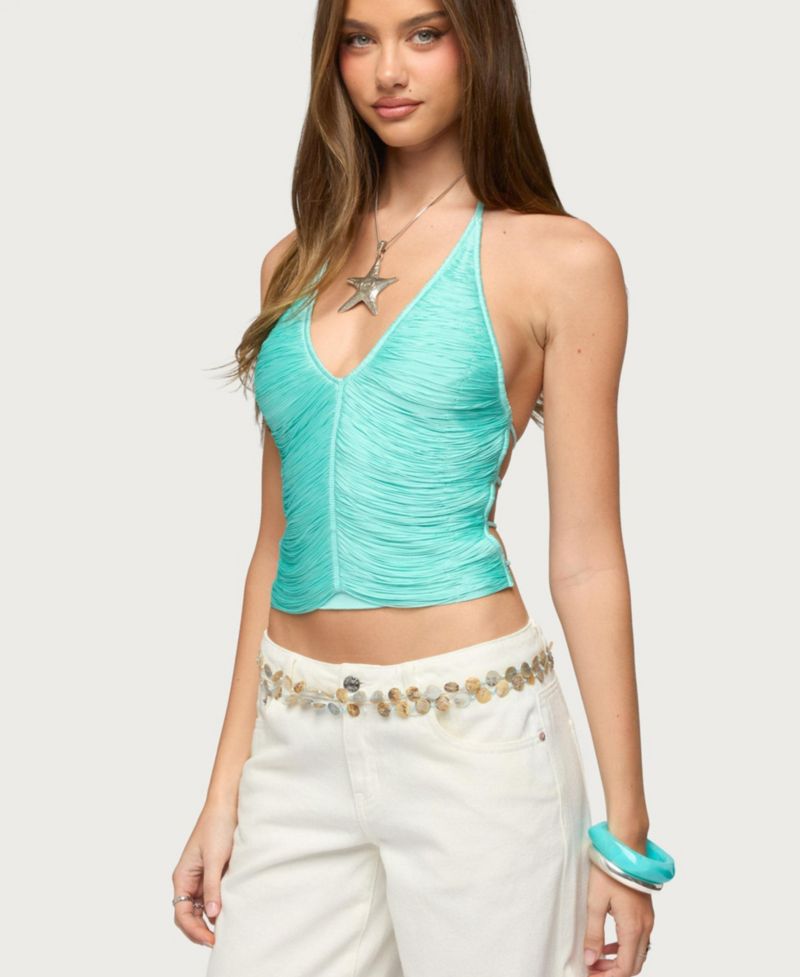 Womens Bree Fringed Backless Halter Top