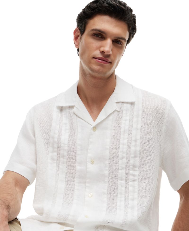 Men's Linen Camp Collar Mesh Structured Short-Sleeve Shirt