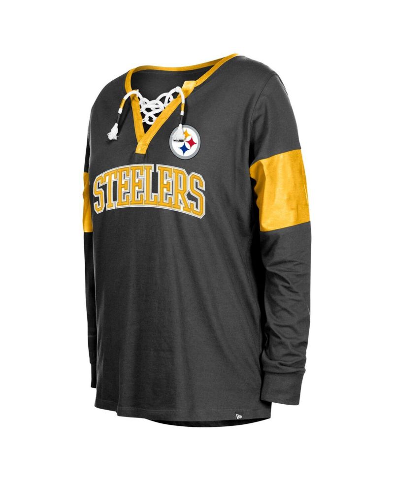 Women's Black Pittsburgh Steelers Lace-Up Notch-Neck Long Sleeve T-Shirt